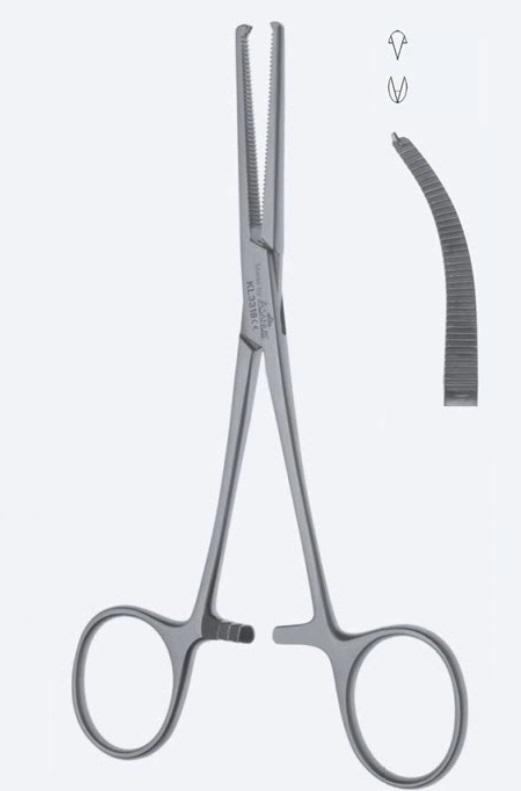 Зажими, хірургічні, гемостатичні, "Kocher-Ochsner", вигнуті, зубчасті щелепи, зубці 2 х 1, довжина 240 мм, 9 1/2". Бренд - Asanus Medizintechnik Gmb, Німеччина